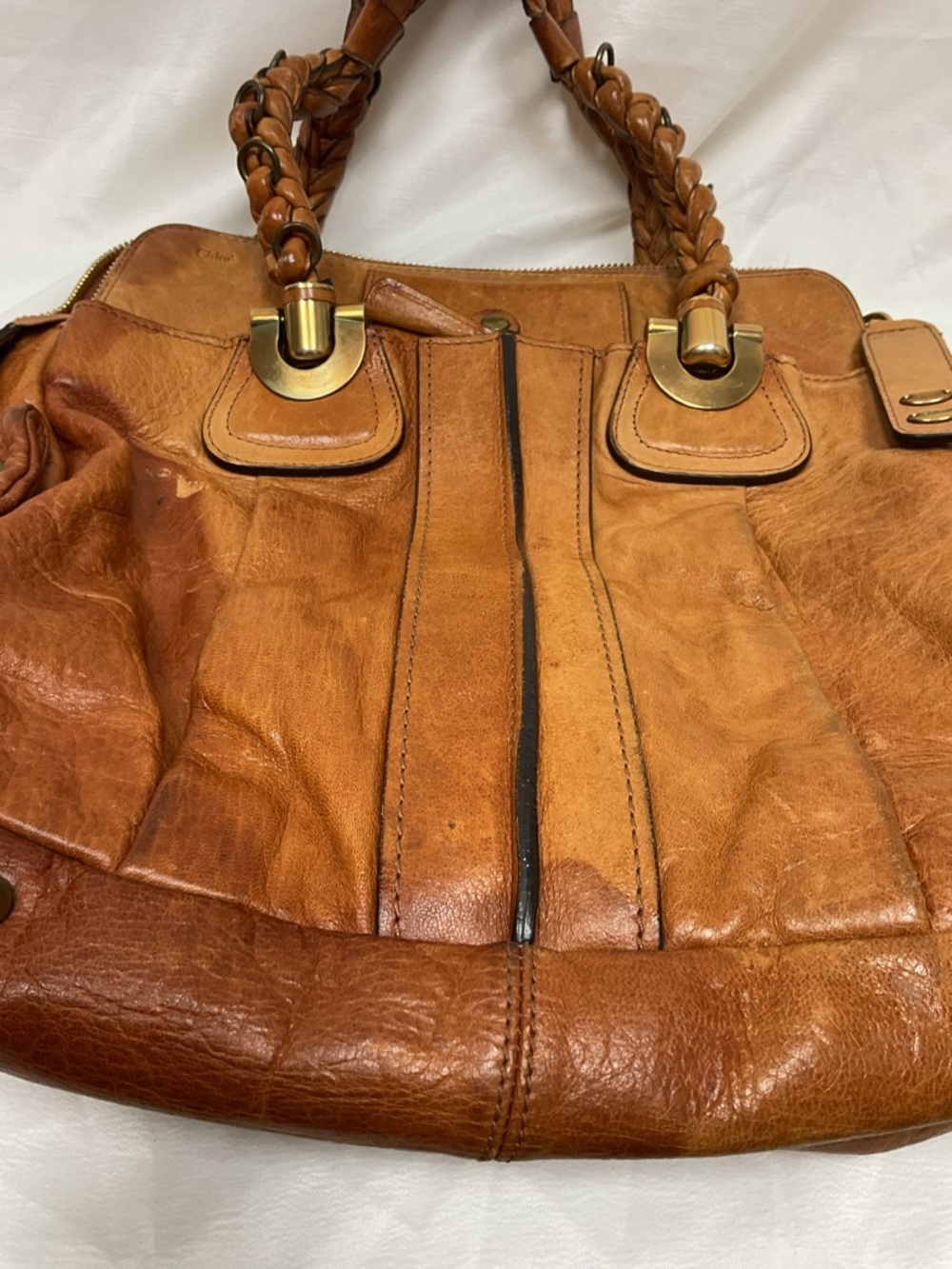 Chloé Paddington Style Tan Leather Satchel Braided Handles Gold Hardware - Picture 15 of 16